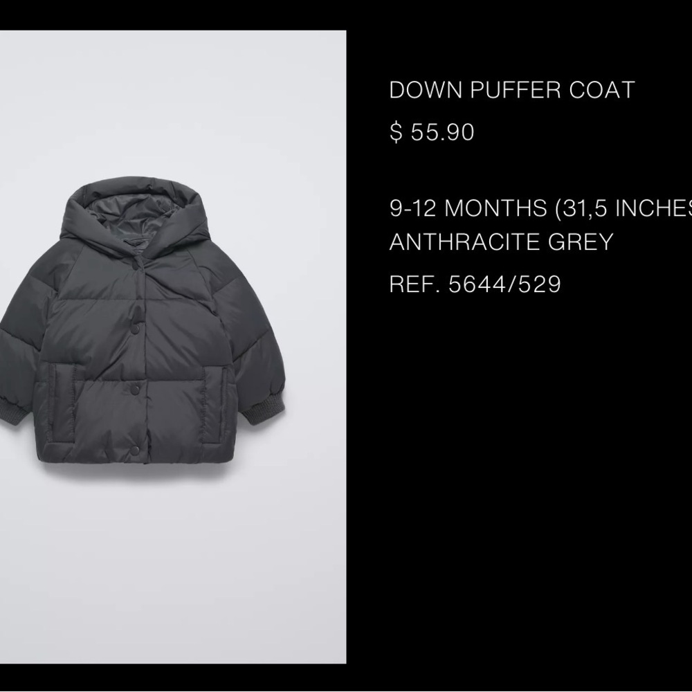 NWT Zara Kids Charcoal Puffer Jacket